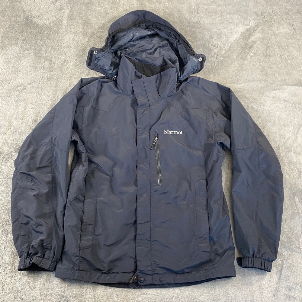 Marmot Ski Jacket Men Medium Navy Blue MemBrain Waterproof Hooded Shell Pockets